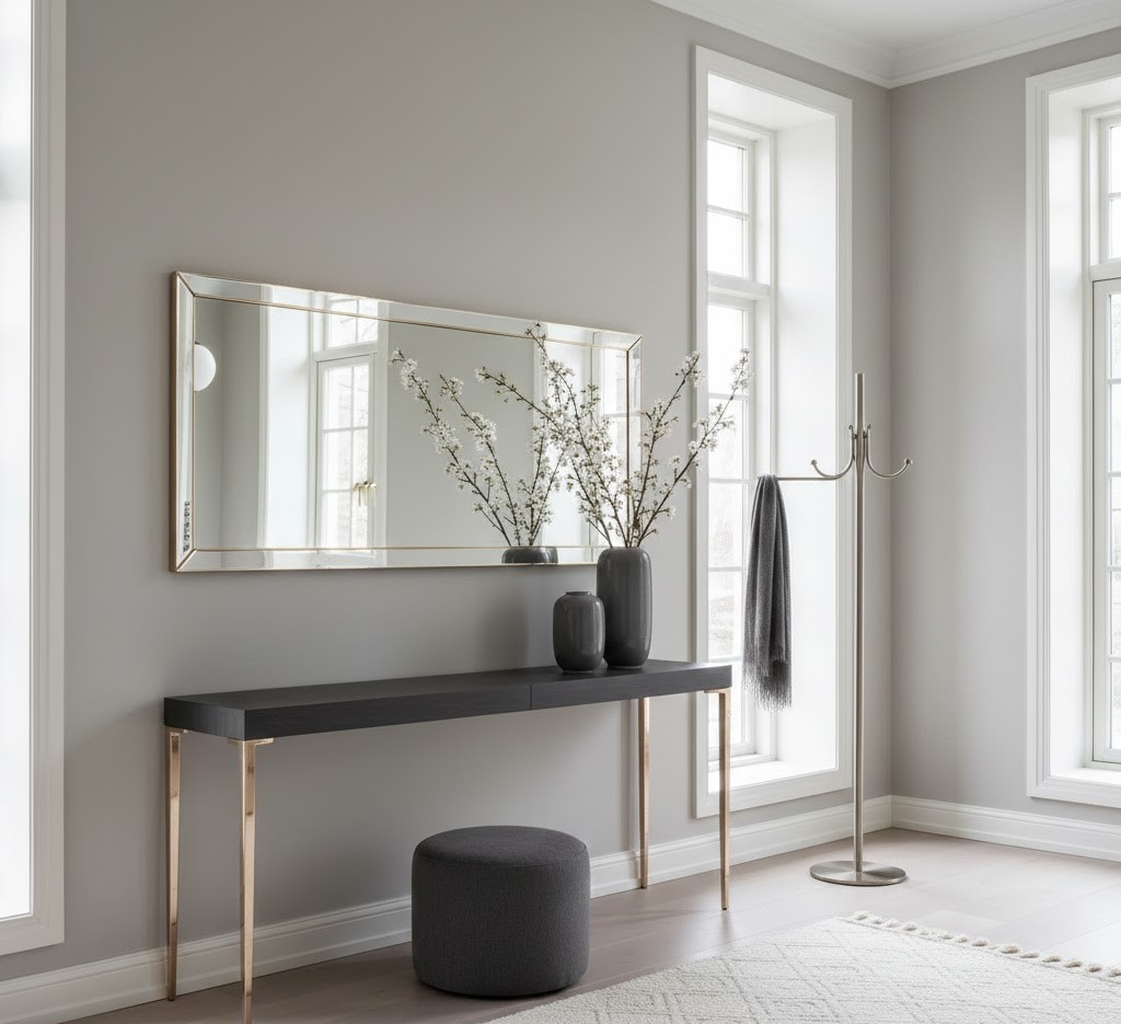 Entré med stilren hallmöbler och speglar