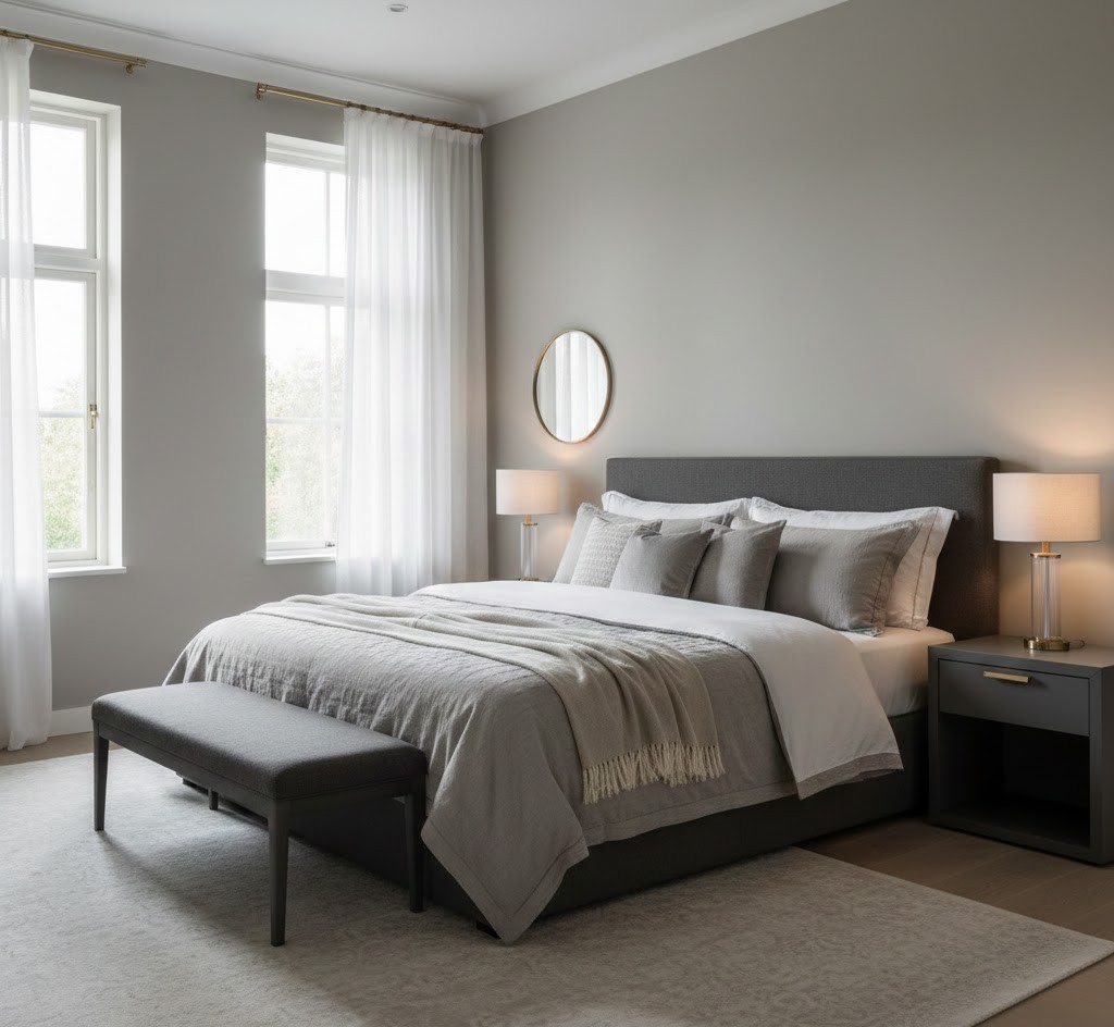 Elegant sovrum med neutrala färger